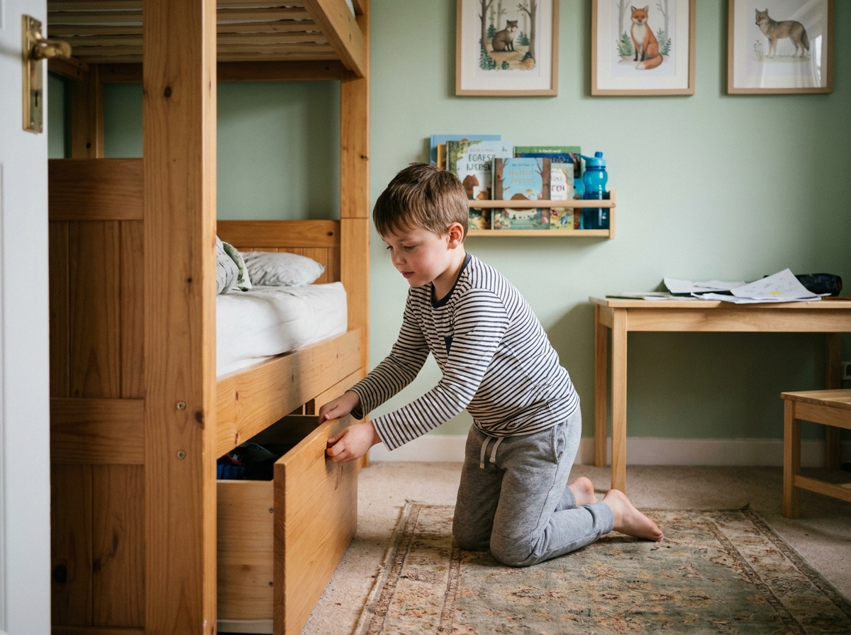 Enfant rangeant ses affaires dans le tiroir de son lit cabane en bois dans une chambre colorée
