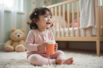 Petite fille en pyjama dans une nurserie chaleureuse