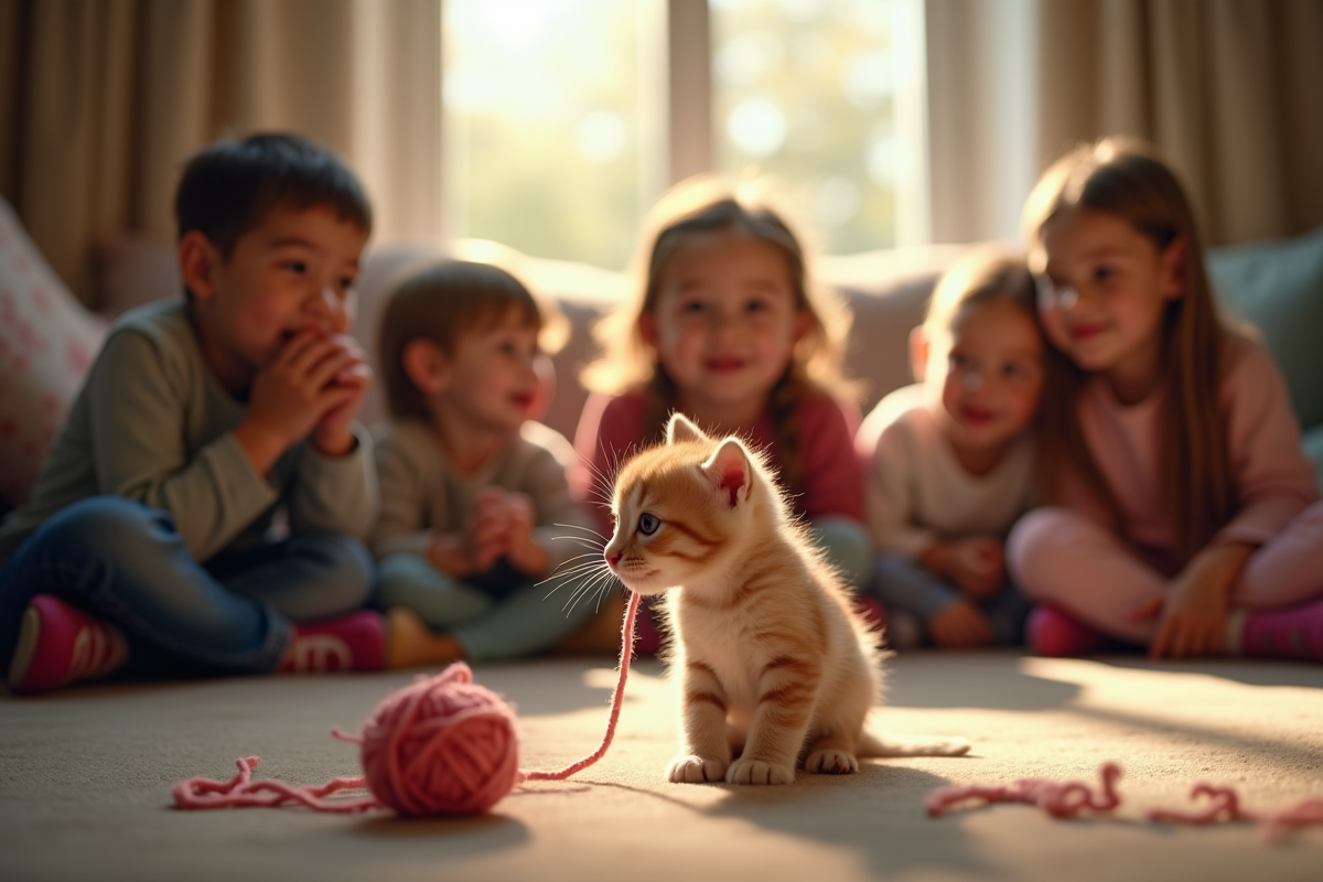 Enfants regardant un chat jouer avec une pelote de laine