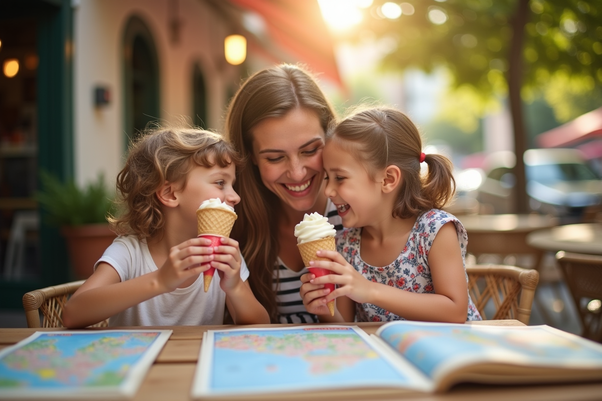 Mère et enfants dégustant des glaces en extérieur en vacances