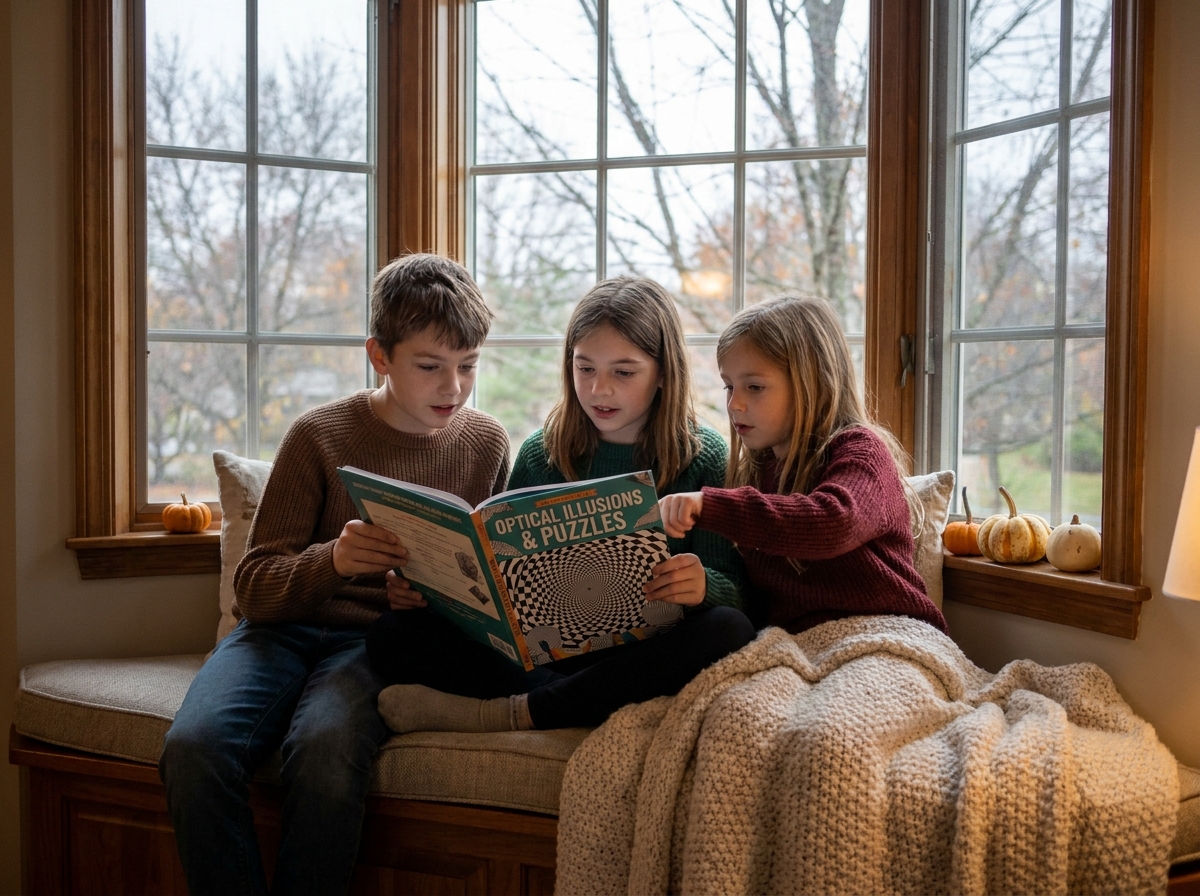 Trois enfants découvrant ensemble un livre d'illusions optiques dans un coin lecture décoré aux couleurs de l'automne