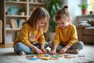 Jeunes enfants jouant avec un puzzle coloré dans un salon chaleureux