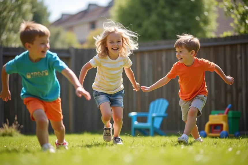 Groupe d'enfants jouant dans le jardin en été