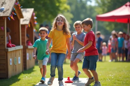 Enfants jouant à un jeu de lancer lors d'une kermesse scolaire en plein air, avec des stands colorés en arrière-plan
