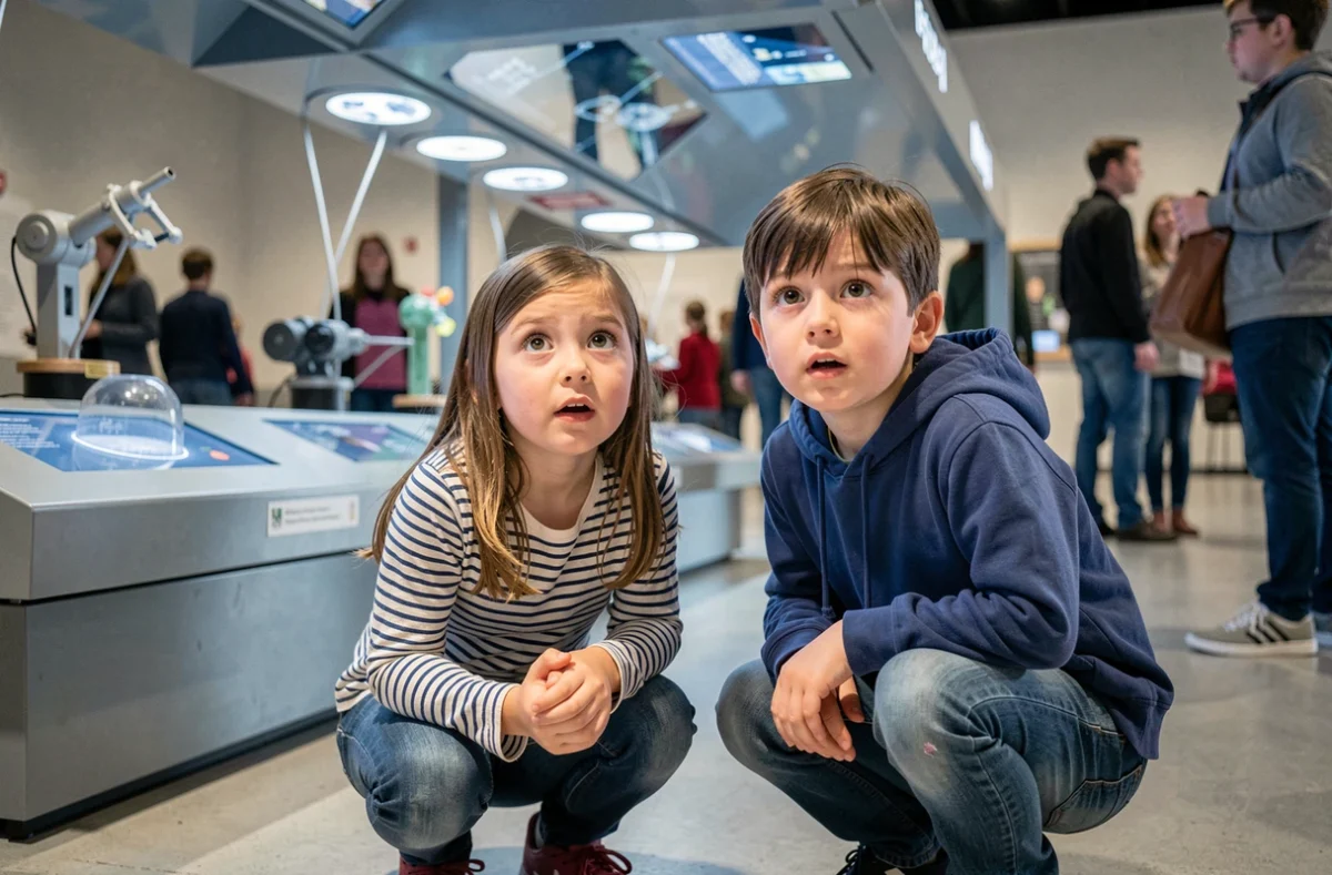 Deux enfants découvrant une exposition interactive dans un musée scientifique à Toulouse
