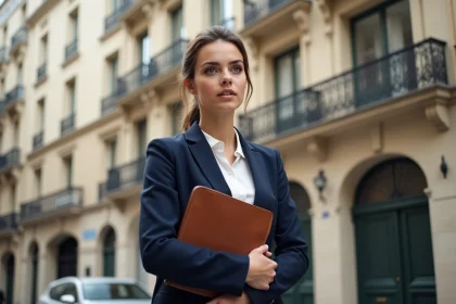 Jeune femme adulte en tailleur devant un immeuble parisien, illustrant la vie publique des enfants de personnalités politiques françaises