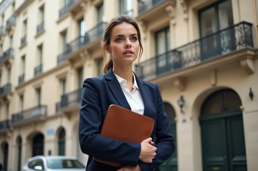 Jeune femme adulte en tailleur devant un immeuble parisien, illustrant la vie publique des enfants de personnalités politiques françaises