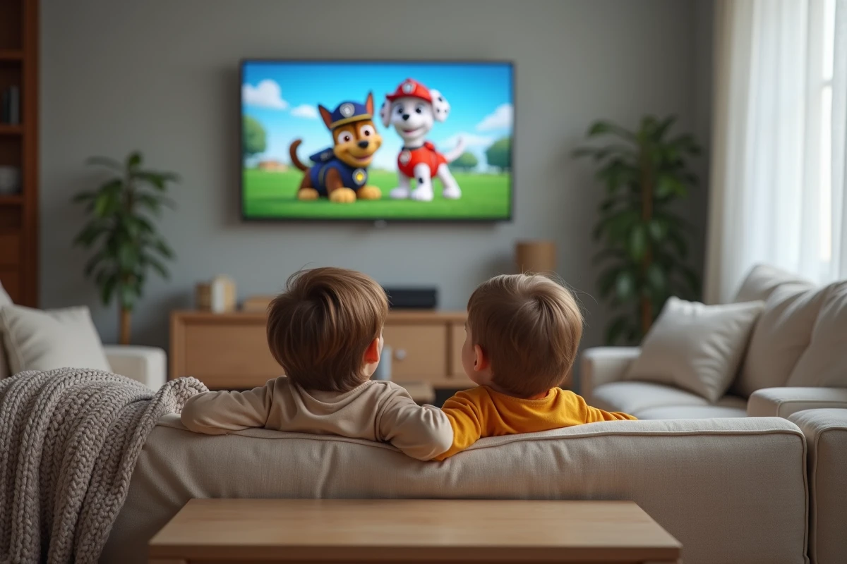 Deux enfants regardant Pat Patrouille à la télévision avec un nouveau chien personnage dans un salon familial