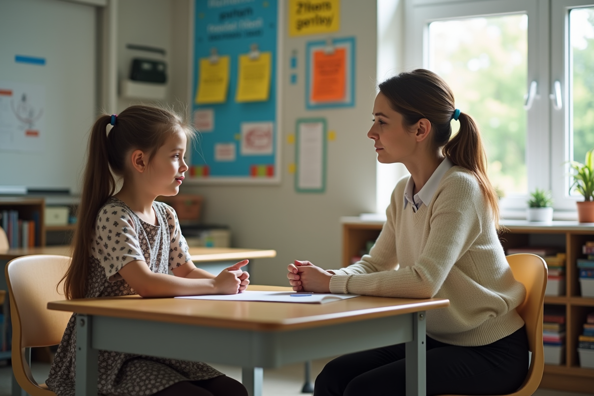 Enseignante et élève discutant dans une classe accueillante