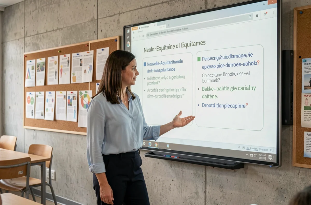 Enseignante d'une école bilingue en Nouvelle-Aquitaine animant un cours devant un tableau interactif affichant un contenu bilingue français-anglais
