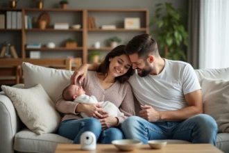 Jeune famille avec bébé sur un sofa cosy dans un salon chaleureux