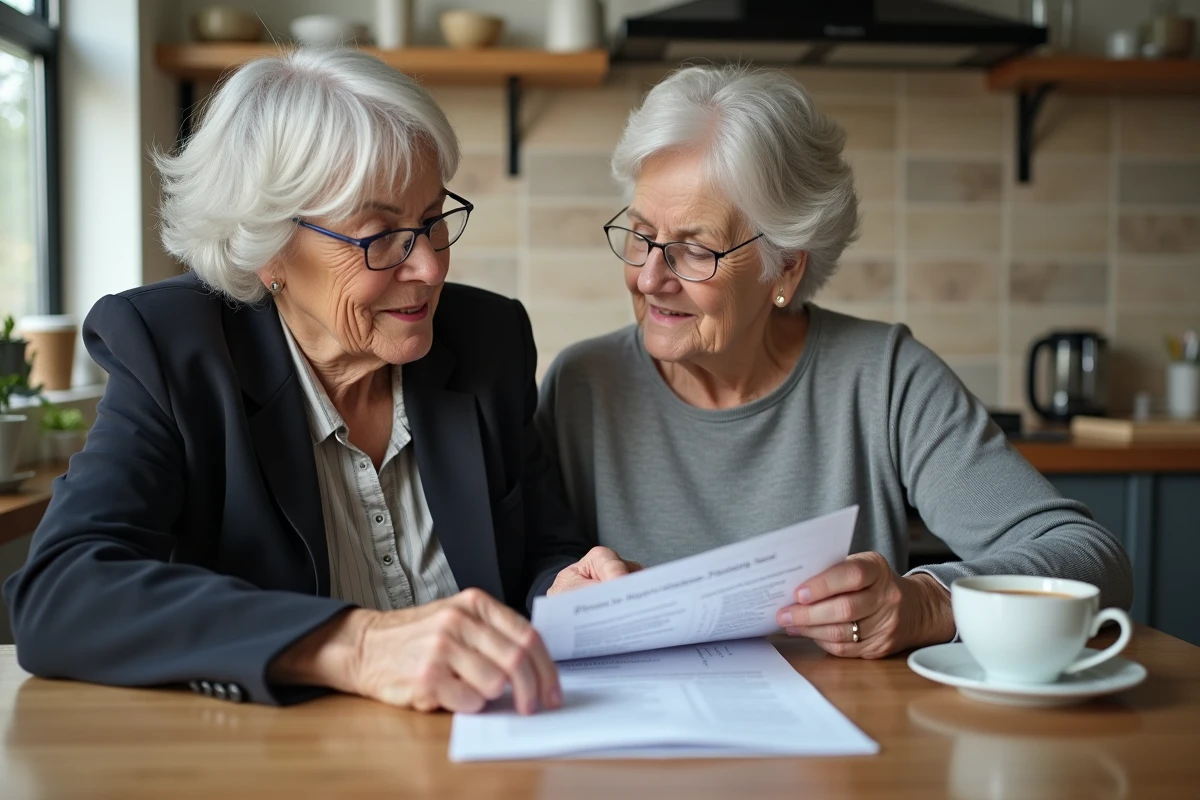 Deux femmes âgées consultant ensemble une lettre de la CPAM après un décès dans la famille