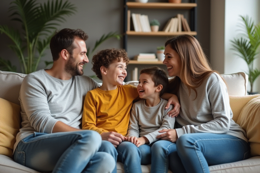 Famille multigénération assise sur un canapé cosy