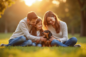 Famille heureuse avec chiot teckel merle en plein air