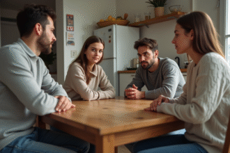Famille de quatre autour d'une table cuisine en pleine discussion