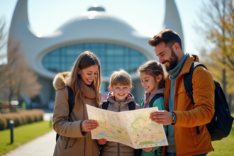 Famille souriante devant Futuroscope avec plan du parc