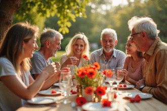 Famille multigeneration dans un jardin ensoleille fete autour d une table