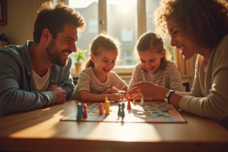 Famille heureuse jouant au jeu de goose à la maison