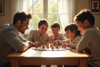 Famille jouant à un jeu éducatif dans le salon ensoleille