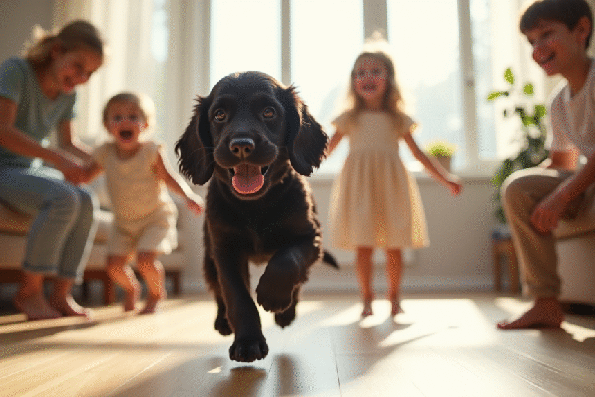 Famille heureuse avec un chiot cocker spaniel noir dans le salon