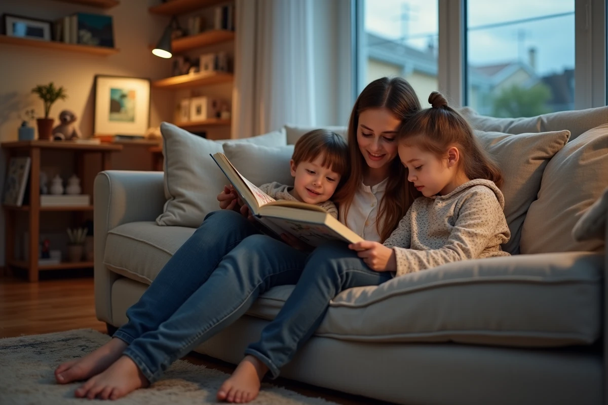 Une famille lisant un livre dans un salon moderne et chaleureux