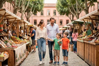 Famille avec enfants visitant un marché en plein air à Toulouse avec l'architecture en briques roses en arrière-plan