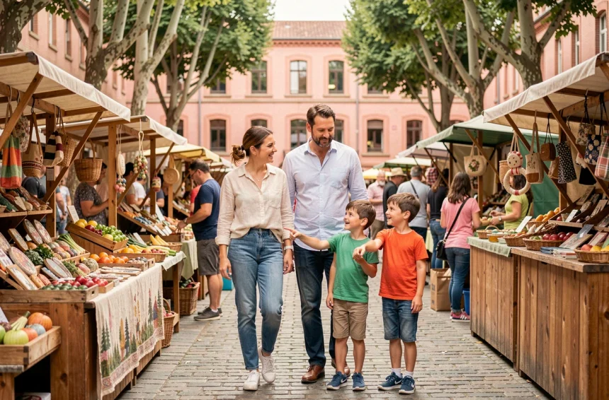 Famille avec enfants visitant un marché en plein air à Toulouse avec l'architecture en briques roses en arrière-plan