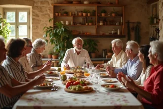 Famille multigénérationnelle réunie autour d'un repas traditionnel dans une cuisine provençale chaleureuse