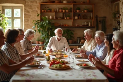 Famille multigénérationnelle réunie autour d'un repas traditionnel dans une cuisine provençale chaleureuse