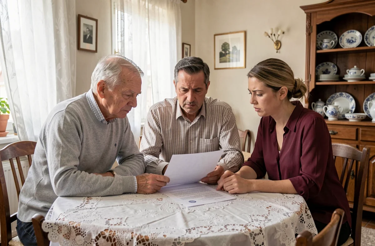 Une famille intergénérationnelle discute des revenus et de l'obligation alimentaire pour financer la maison de retraite d'un parent âgé