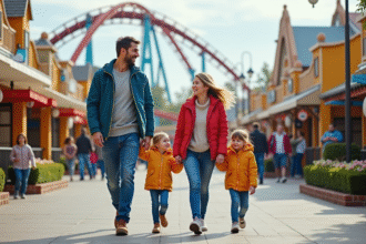 Famille souriante se promenant dans un parc d'attractions en plein air
