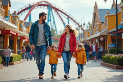 Famille souriante se promenant dans un parc d'attractions en plein air