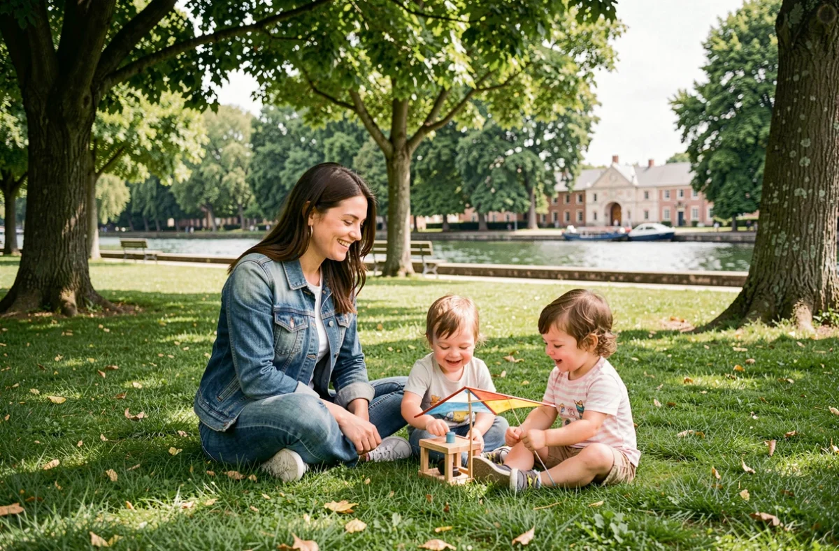 Mère et enfants profitant d'un parc public à Toulouse lors d'un week-end en famille sans dépenses