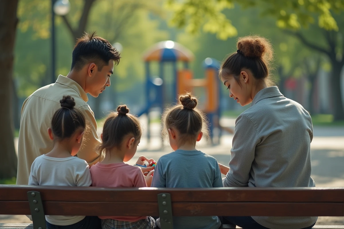 Famille partageant un moment au parc avec enfants et adultes