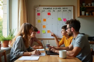 Famille française planifiant les vacances scolaires 2026-2027 autour d'un calendrier mural avec jours fériés et ponts marqués