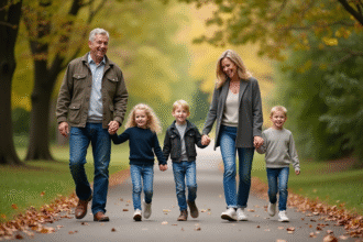 Famille souriante marchant dans un parc en automne