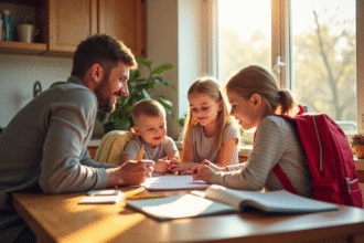 Famille heureuse préparant la rentrée scolaire à la maison