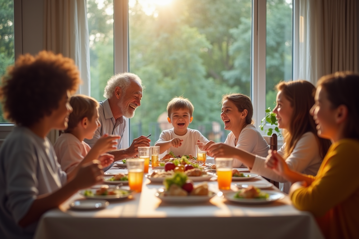 Famille multigenerations réunie autour d un repas convivial à la maison