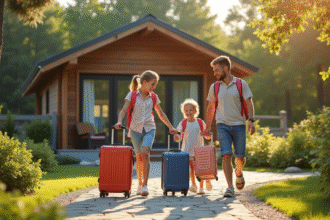 Famille souriante avec valises devant une cabane en nature