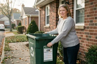 Femme sortant son bac vert de recyclage devant sa maison selon le calendrier de collecte semaine paire ou impaire 2026