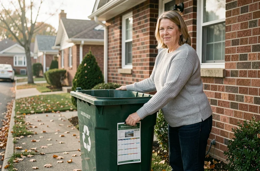 Femme sortant son bac vert de recyclage devant sa maison selon le calendrier de collecte semaine paire ou impaire 2026