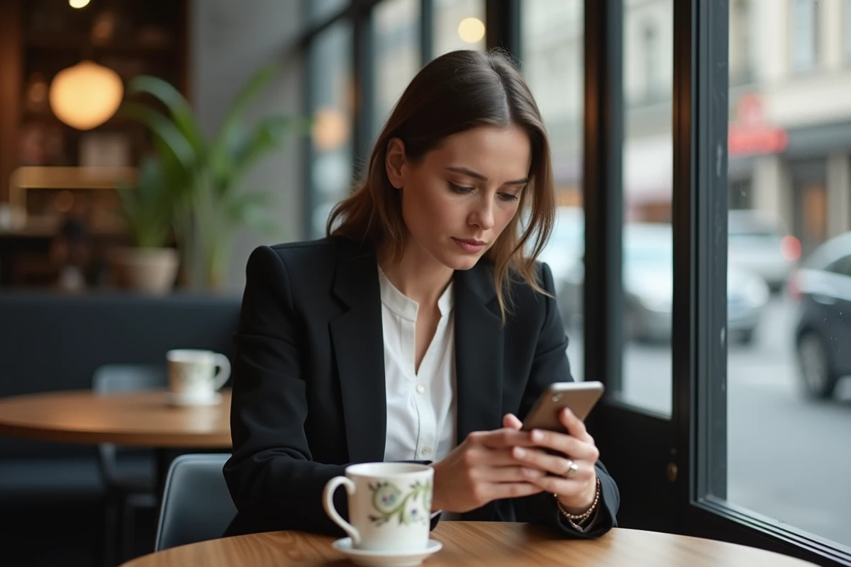Femme en blazer noir assise au café en train de lire sur son téléphone