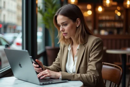 Femme dans un café parisien regardant son téléphone