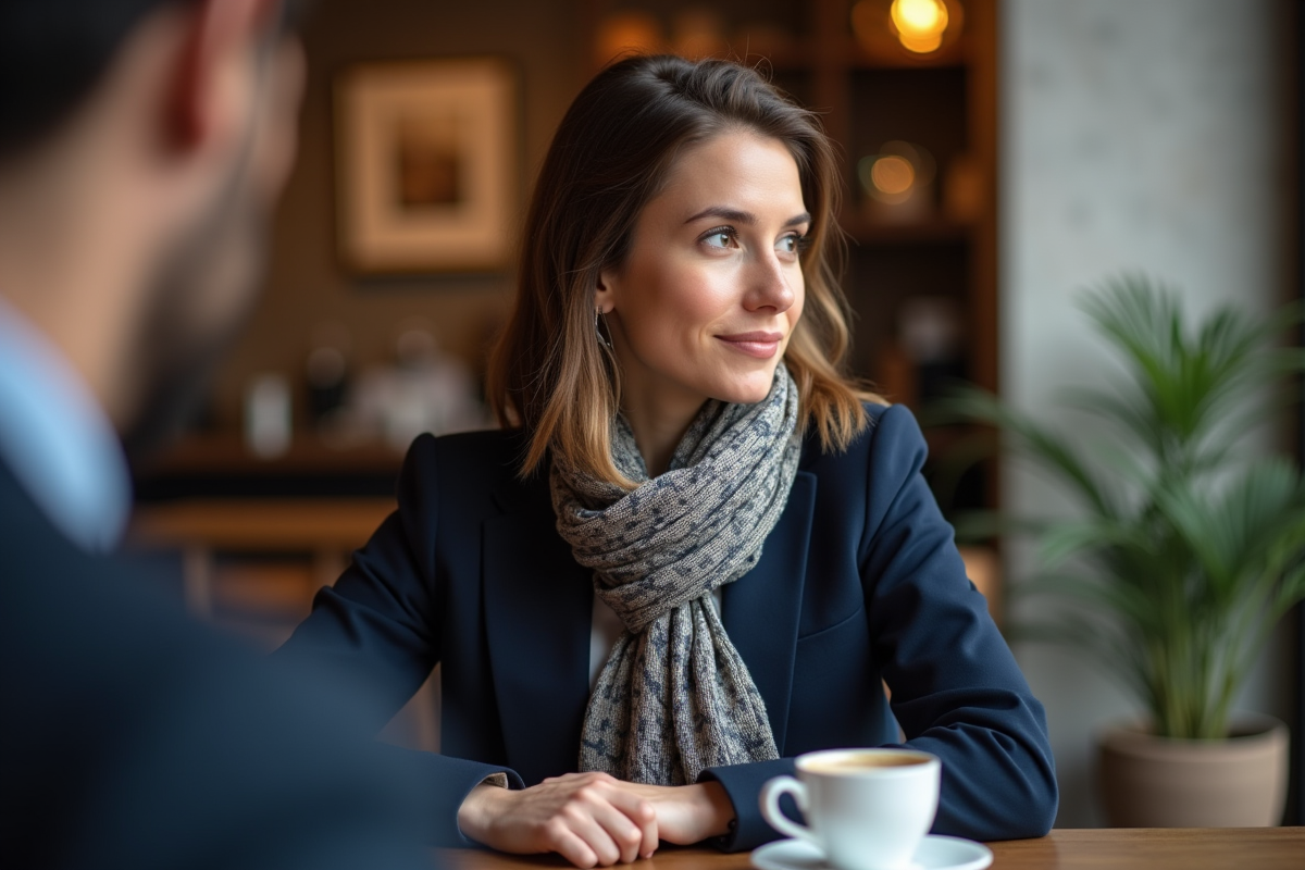 Femme pensant au café avec décor rustique