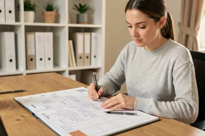 Femme organisant son planning sur un calendrier semaines paires et impaires imprimé posé sur un bureau en bois