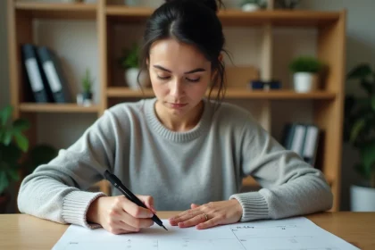 Femme annotant un calendrier papier avec numéros de semaines paires et impaires sur un bureau en bois