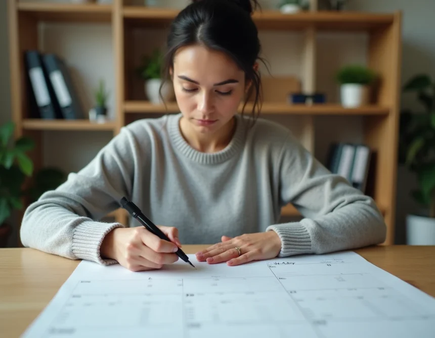 Femme annotant un calendrier papier avec numéros de semaines paires et impaires sur un bureau en bois