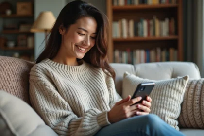 Femme souriante lisant un message d anniversaire sur son smartphone dans un salon