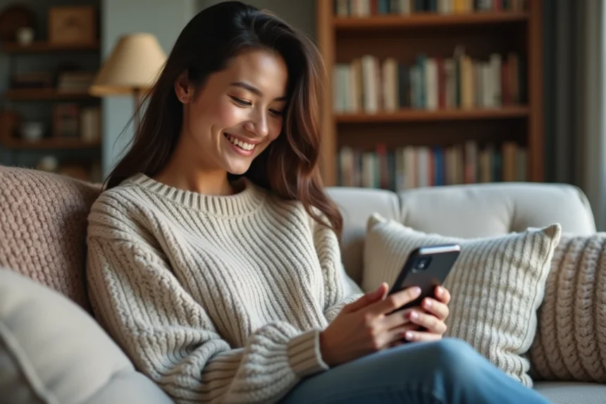 Femme souriante lisant un message d anniversaire sur son smartphone dans un salon