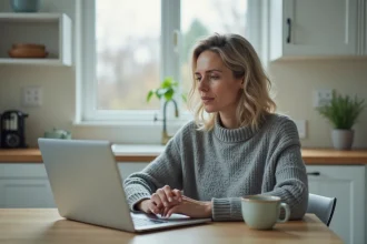Femme seule devant un ordinateur portable envisageant une procédure de divorce en ligne
